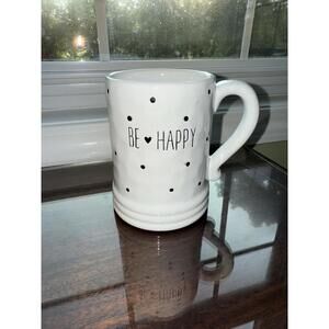 Bee Happy white/black polka dot coffee cup/mug